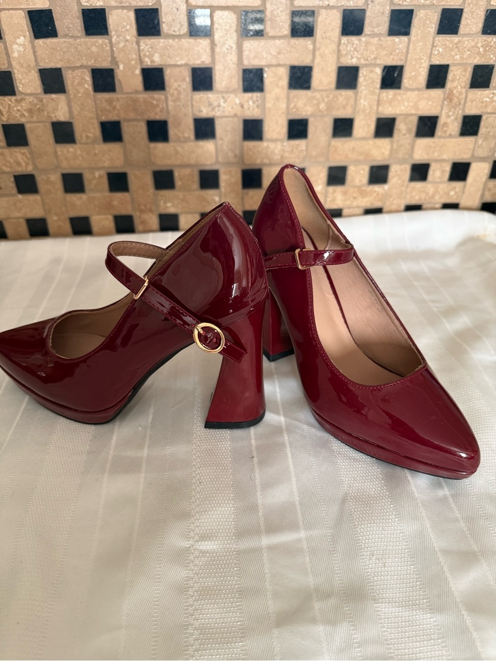 Classic Patent Mary Jane Heels in Deep Red